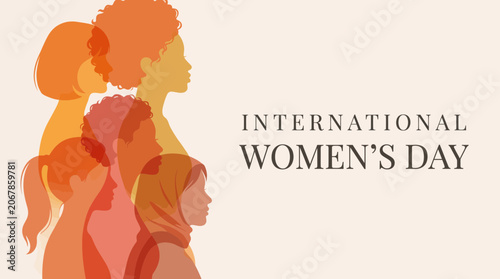 International Women's Day greeting card with silhouettes of diverse women in profile.