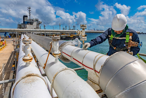 Photography Male worker inspection and measurement thickness pipeline oil and gas at check r