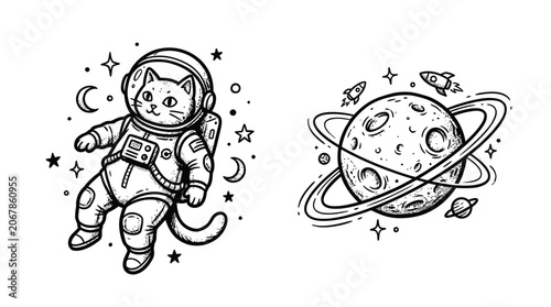 Cuadro en lienzo Cat Astronaut Floating in Space with Planets and Rockets