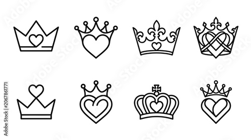 Vászonkép Heart Crowns Icon Set - Royalty, Love, Elegance