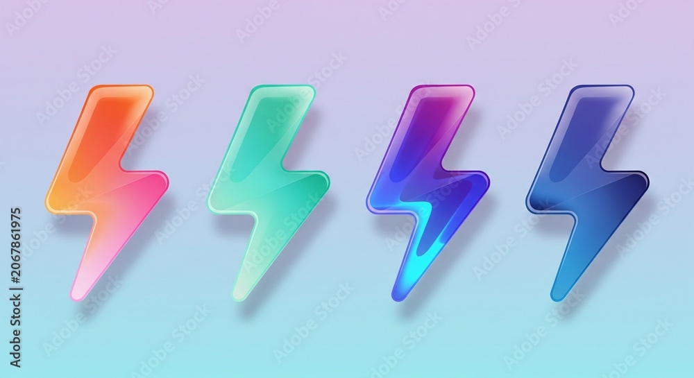 Fototapeta premium Set of Four Colorful Glossy Lightning Bolt Icons 3D Rendered Isolated on a Soft Gradient Background