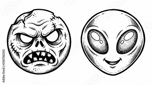 Fotografia Zombie and Alien Faces - Spooky Characters Illustration