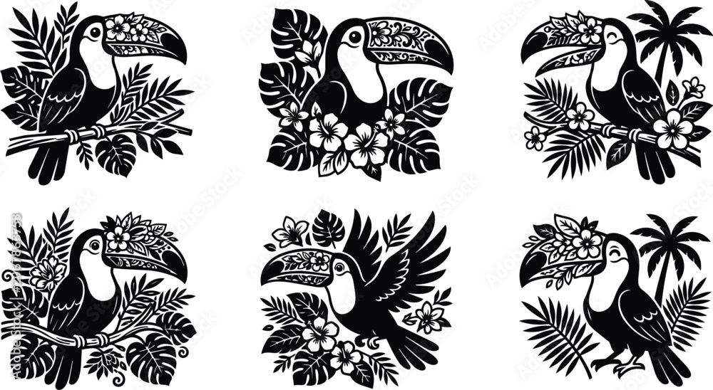 Fototapeta premium Tropical toucan vector badges with hibiscus and palm leaves silhouette style ornamental line art