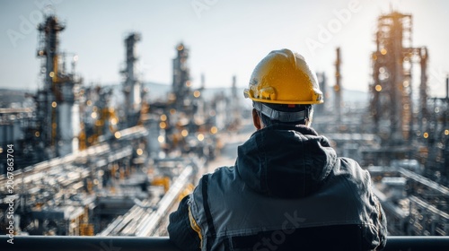 Engineer in hard hat observing industrial refinery complex at sunset