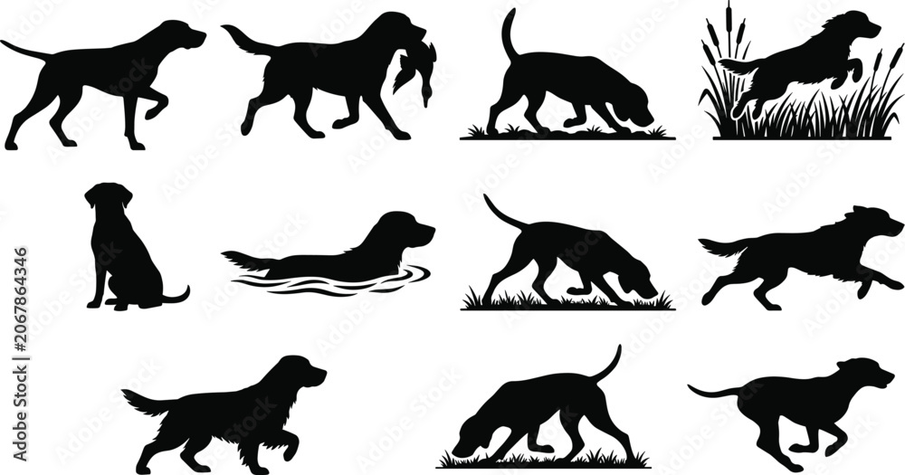 Fototapeta premium Hunting Dog Silhouette Collection with Tracking Retrieving and Field Work