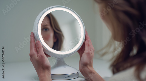 Woman holding illuminated LED makeup mirror with bright ring light, examining reflection. Modern AI beauty and skincare technology for cosmetics application and personal grooming.