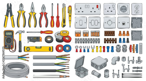 Flat lay of various electrical tools and components on a white background.