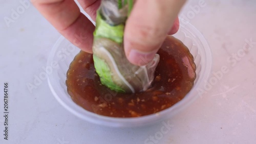 Fresh vietnamese spring roll with pork and vegetables wrapped in rice paper being dipped into a savory peanut hoisin sauce in a small bowl, showcasing a popular asian appetizer dish concept