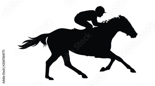 Fotografie Horse and jockey in motion black silhouette