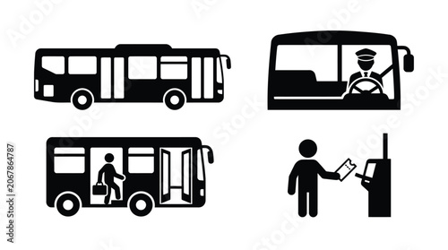 Konstfotografi Bus Silhouettes And Passengers Black Vector Illustration On White Background