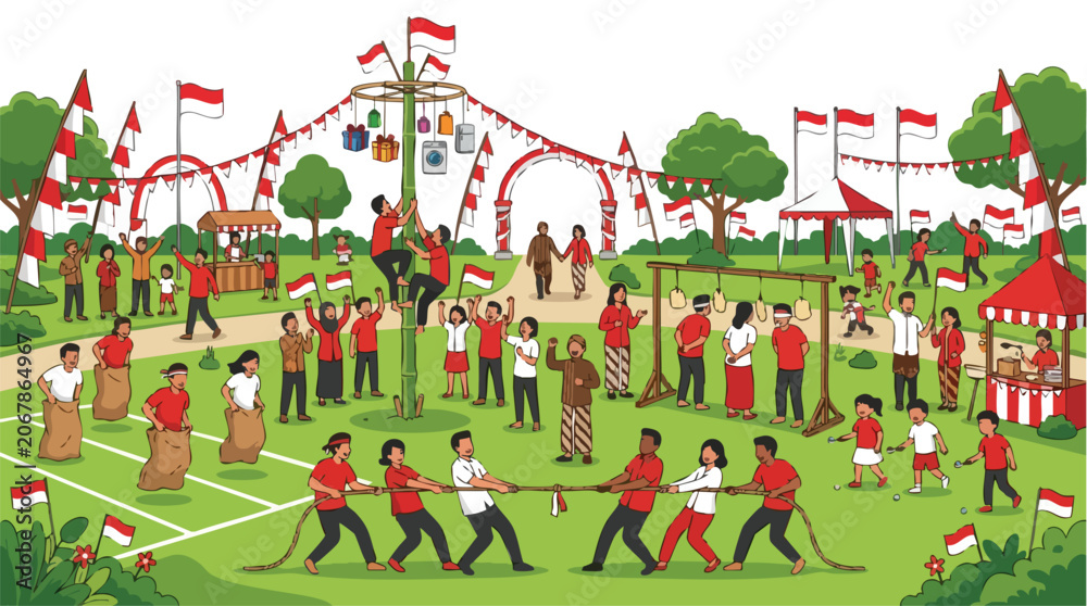 Fototapeta premium Illustration of people participating in a lively outdoor festival with a sack race on a green field