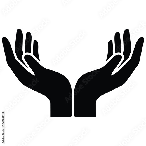 Cupped hands reaching upward vector silhouette for prayer receiving and offering concepts.