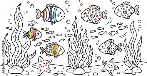 Cute Underwater Fish and Starfish Coloring Page for Kids Ocean Life Illustration