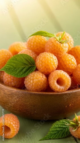 Golden raspberries in a wooden bowl with green leaves on a rustic table. closeup of fresh yellow berries in sunlight.