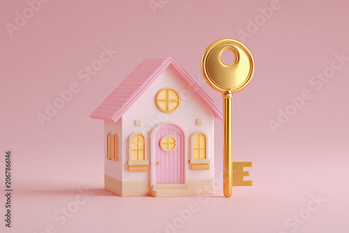 Real estate market concept with miniature house model and big metallic key. Property buying, residential mortgage loan, apartment renting and family home ownership.