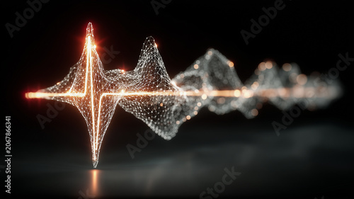 Abstract digital wave with glowing heart pulse line and network plexus connections. Concept of healthcare technology, artificial intelligence, data frequency and computing.