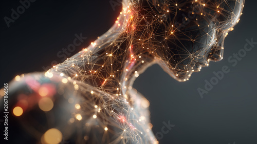 Artificial intelligence concept with digital human cyborg silhouette and plexus network connections. Machine learning data processing, future technology and neural neuroscience