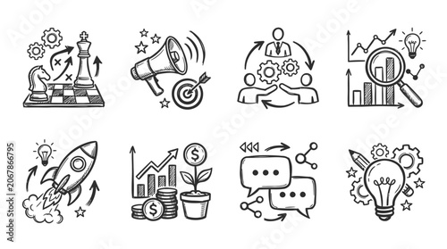 Business Strategy Icons: Chess, Rocket, Growth, Teamwork, Ideas