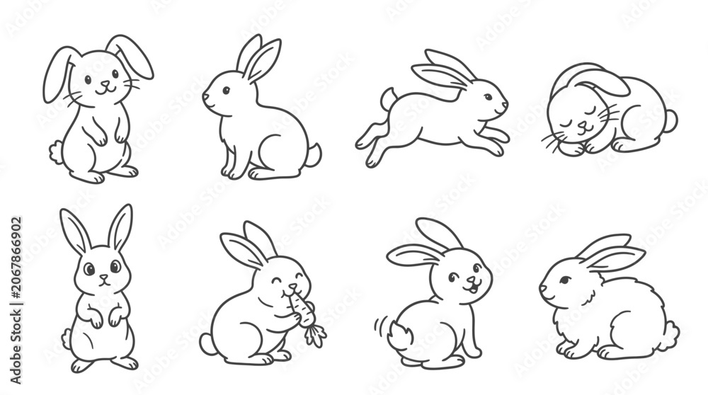 Obraz premium Cute Bunny Illustrations: Set of 8 Hand-Drawn Rabbit Poses