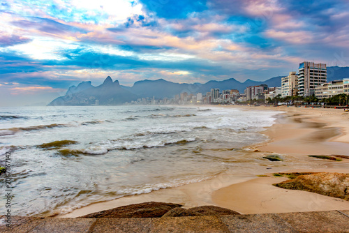 The sea and the city in front of Ipanema beach in the city of Rio de Janeiro.
