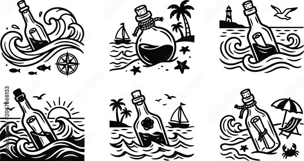 Fototapeta premium Bold black and white vector bottle sea scene illustration with waves and palm
