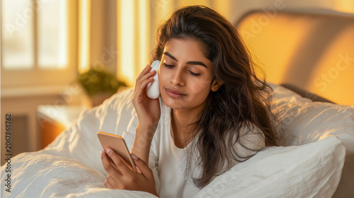Young woman applying facial moisturizer or skincare product with cotton pad while lying in bed at golden hour. Morning beauty routine and self-care concept with natural sunlight.