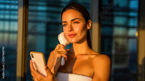 Young woman holding skincare product near face, looking at smartphone in modern high-rise interior with city lights. Evening beauty and wellness routine concept.