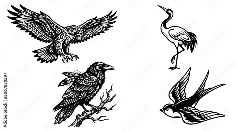 Obraz premium Tribal Tattoo Birds Collection: Eagle, Raven, Crane, Swallow