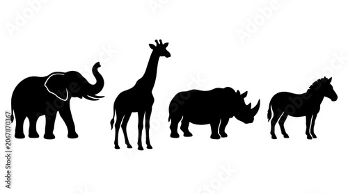 Canvas Print Safari Animals Silhouette: Elephant, Giraffe, Rhino, Zebra