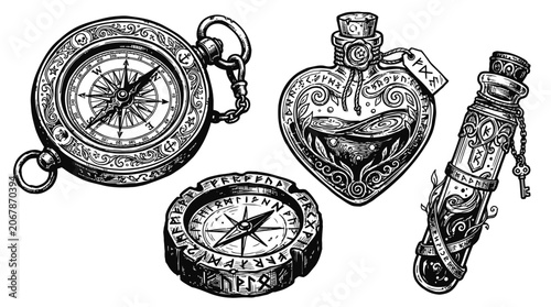 Foto Vintage Compass and Potion Bottles Illustration