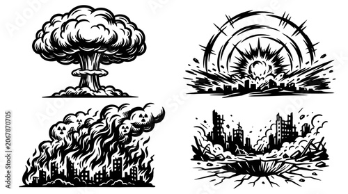 Billede på lærred Apocalyptic Destruction: Nuclear Explosion, City Fire, Blast Wave, Ruined City
