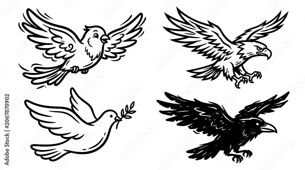 Fototapeta premium Diverse Birds Flying Collage: Dove, Eagle, Crow, Sparrow