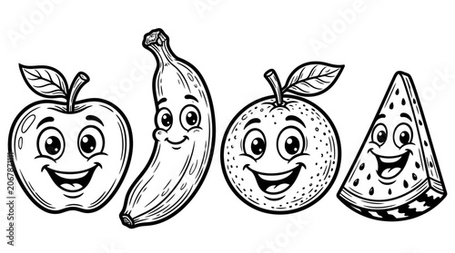 Foto Cute cartoon fruit characters smiling together - apple, banana, orange, watermel