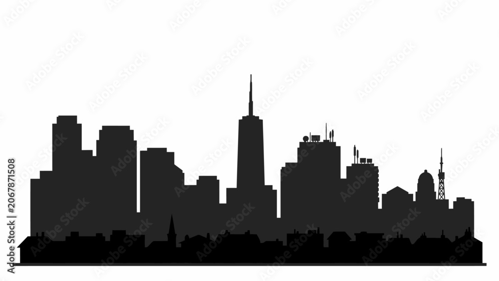Fototapeta premium City Skyline Silhouette Against White Background A Dark Architectural Representation Of Urban Development cityscape architecture buildings town metropolis