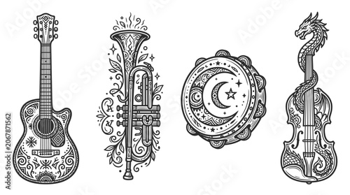 Ornate Musical Instruments: Guitar, Trumpet, Tambourine, Violin with Dragon