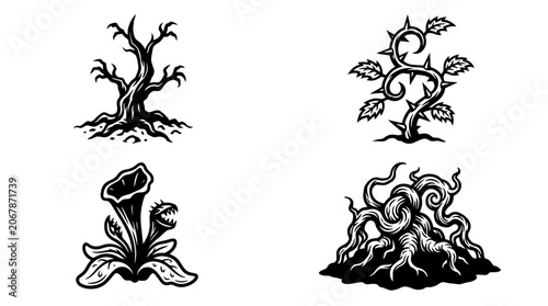 Cuadro en lienzo Spooky Plants Icons: Dead Tree, Thorn Vine, Carnivorous Plant, Roots