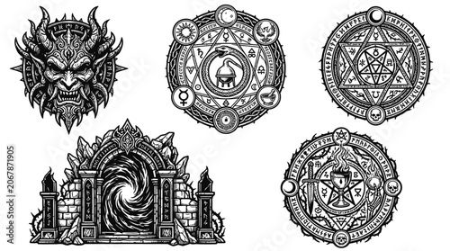 Tableau sur toile Occult Symbols, Demon Face, Mystical Gate - Esoteric Art Set