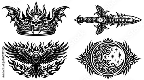 Schilderij op canvas Dark Fantasy Symbols: Crown, Sword, Eagle, Moon Tattoo Elements