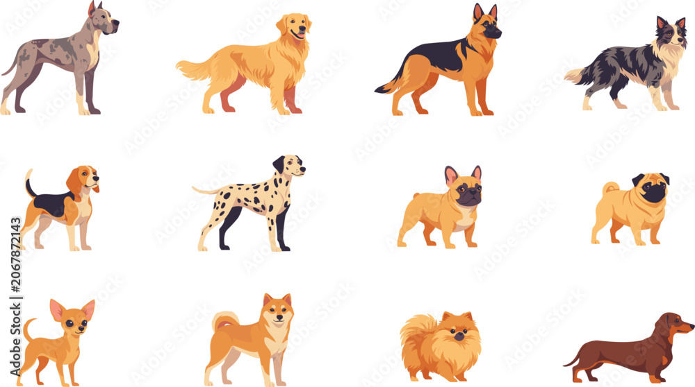 Obraz premium Popular dog breeds vector characters collection, with golden retriever german shepherd pug dachshund and chihuahua flat illustration