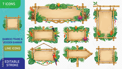 Photography Jungle themed bamboo frames and wooden banners with monkeys and parrots in vecto