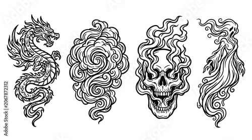 Obraz na płótnie Mystical Creatures: Dragon, Ghost, Skull, and Swirls