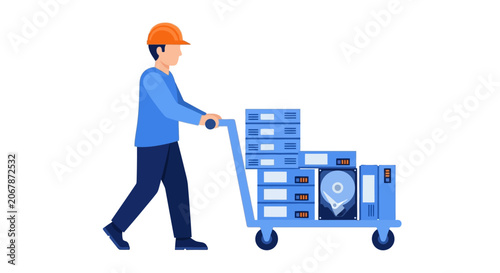 IT Infrastructure Professional Transporting Server Hardware and Data Storage Equipment on a Push Cart Vector Illustration