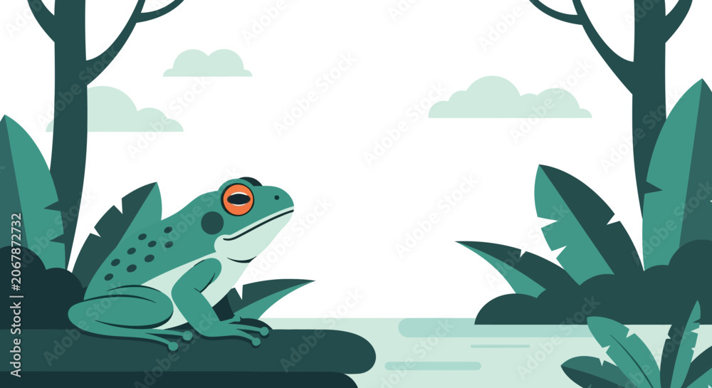 Fototapeta premium Green Frog Sitting by Water in Forest
