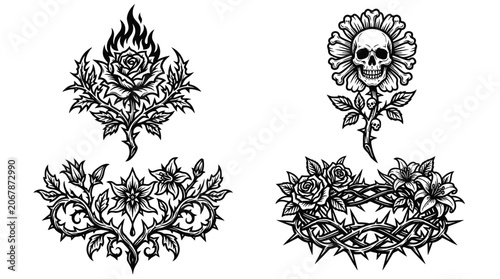 Canvas Print Gothic Floral Designs: Rose, Skull, Thorns, Flames