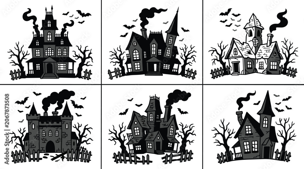 Obraz premium Haunted six panel vector illustration of eerie houses grid