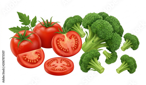 Schilderij op canvas Fresh tomatoes and broccoli vector illustration isolated on white background