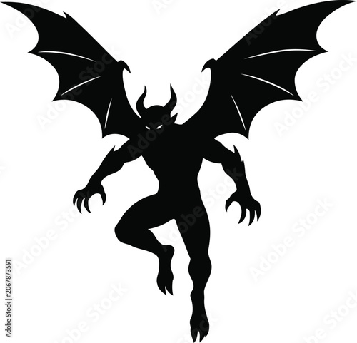 Canvastavla Black Silhouette of a Winged Demon with Horns
