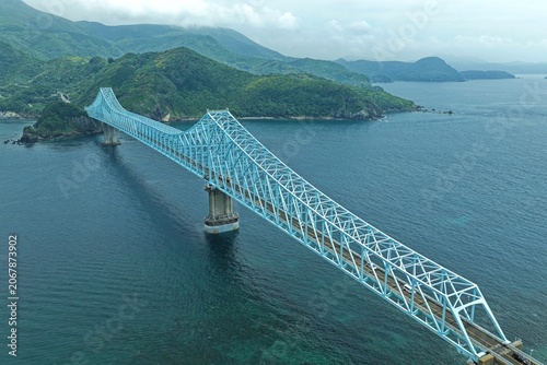 Bild auf Leinwand Aerial drone photo of Ikitsuki Ohashi Bridge over the sea in Hirado, Nagasaki, J