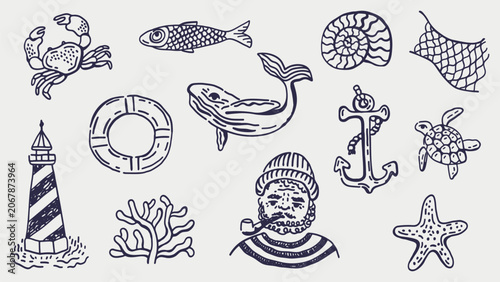 Nautical elements hand drawn collection. Not AI