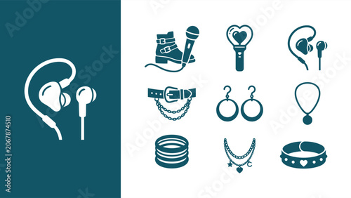 Tableau sur toile K-pop and J-pop idol fashion accessory vector icon set featuring stage gear and jewelry